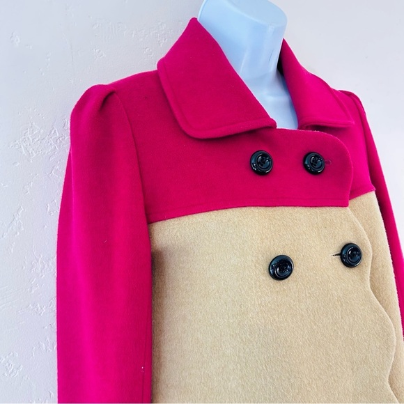 THE CUE by Cher Qu Color Block Pea Coat Size XS 100% Cashmere Wool Magenta Tan - Picture 4 of 12